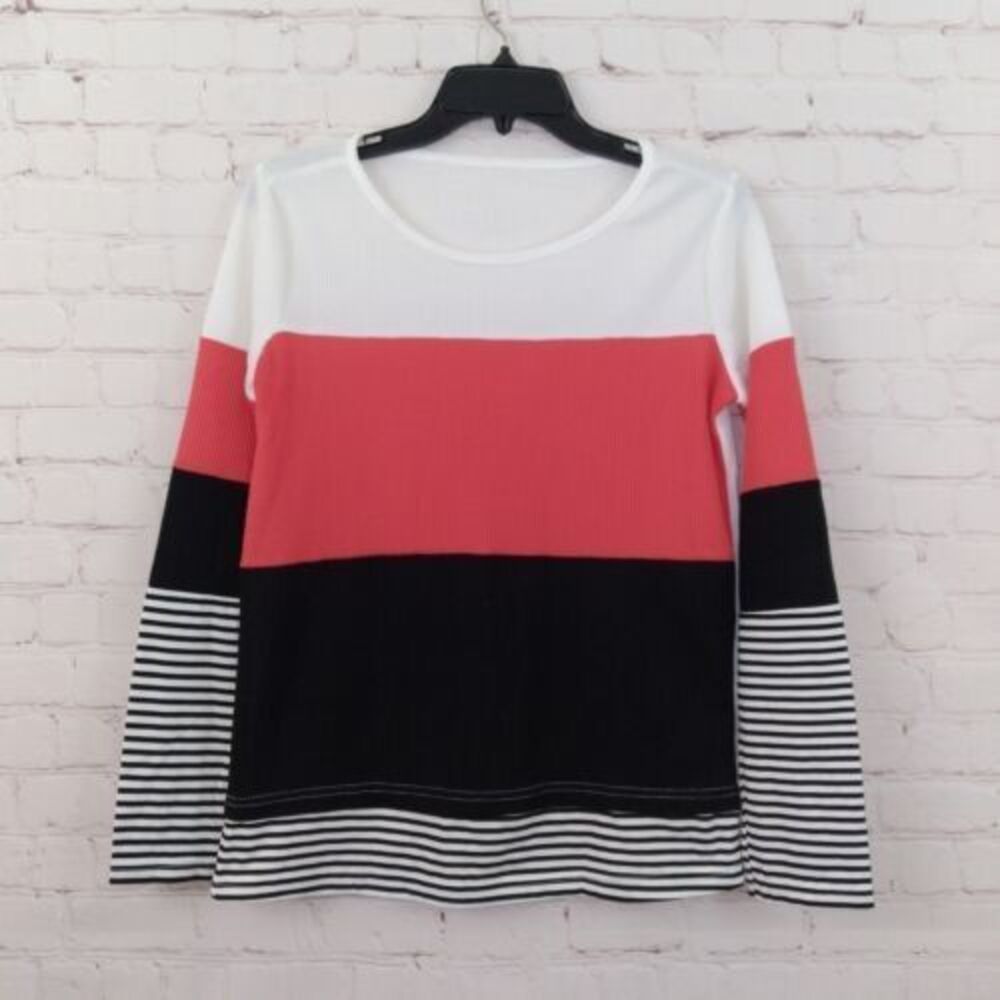 Fall Top Womens Medium Color Block Striped Waffle Knit Layered Look Preppy